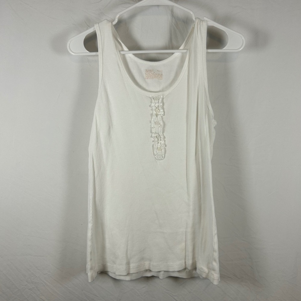 Gillian & O'Malley Womens White Ribbed Cotton Sleep Tank Top Ruffle Trim Large